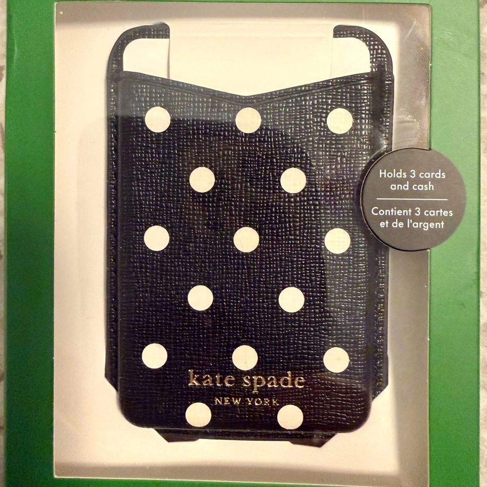 Kate Spade Black with White Polka Dot magsafe Card Holder New in box.